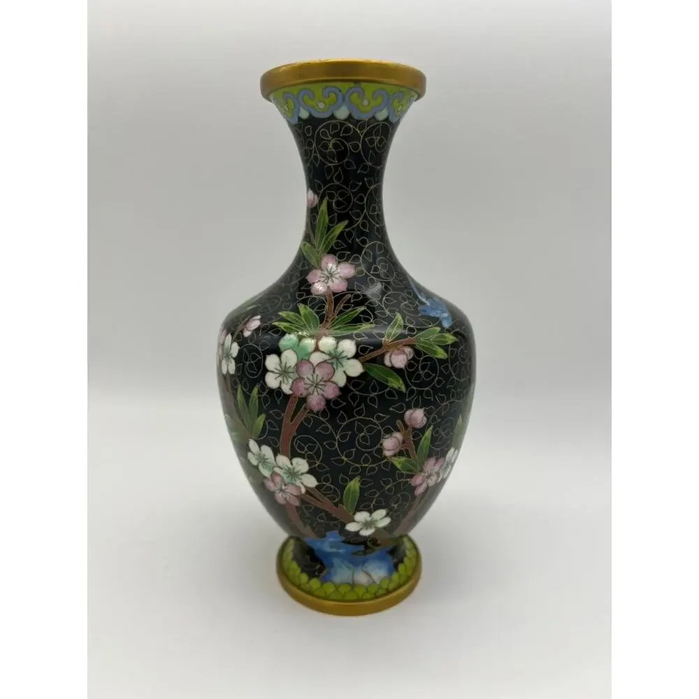 Vintage MCM‎ Black & Gold Chinese Asian Cloisonne Metal Vase 8 1/4